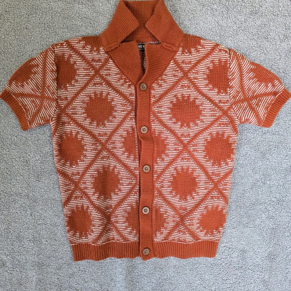 Next Kids Rust Orange Geometric Knit Short Sleeve Cardigan Shawl Collar 1.5-2Y